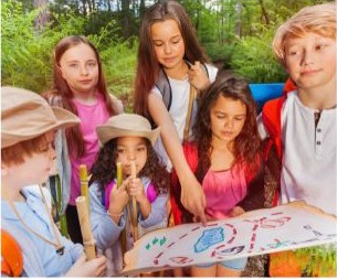 group of children reading a map